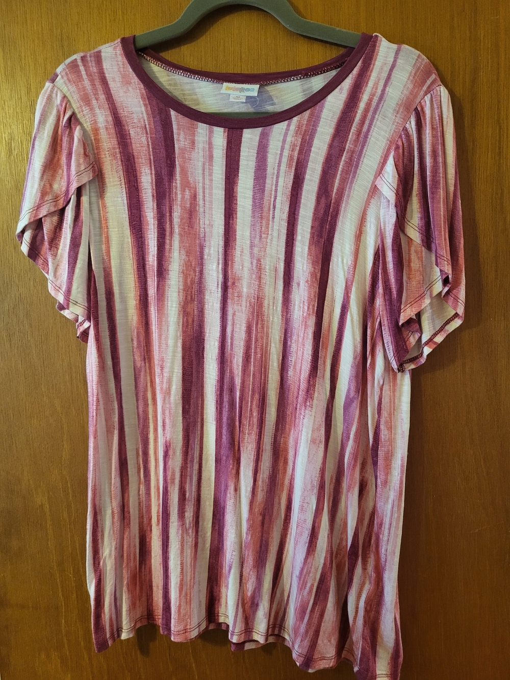 LuLaRoe Olive Pink and White Striped Short Sleeve Tee